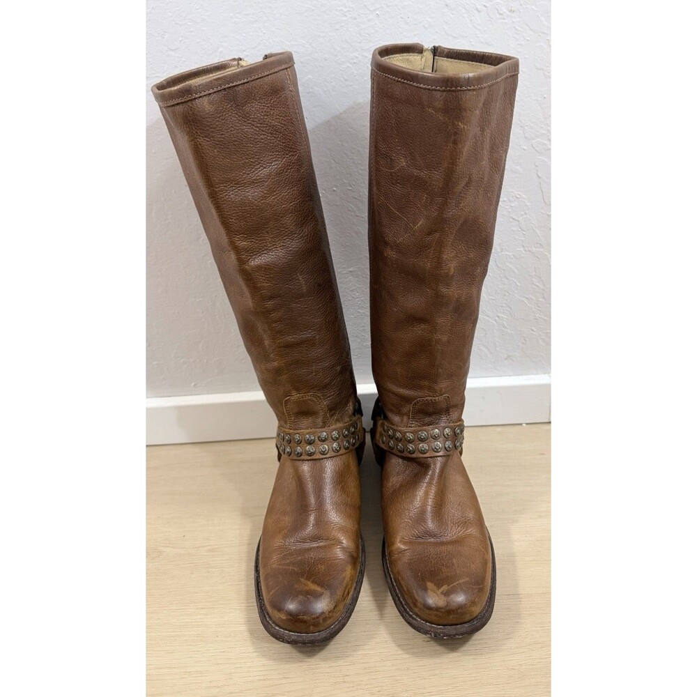 FRYE women’s size 7B Phillip Studded Harness Tall Boots zips up back preloved